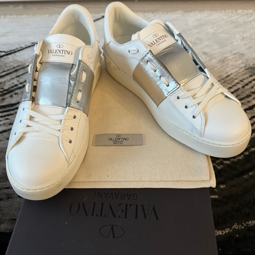 Valentino Garavani White Leather Sneakers with Silver Panels